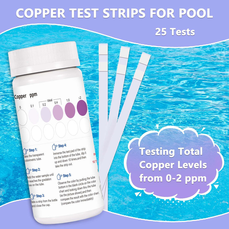 [Australia - AusPower] - Copper Test Strips for Pool Water: 25 Counts Pool Copper Test Kit for Testing Range 0-2 ppm Copper in Swimming Pool Hot-Tub Spa - Pool Metal Test Kit for Above-Ground and Inground Pool Testing Copper 