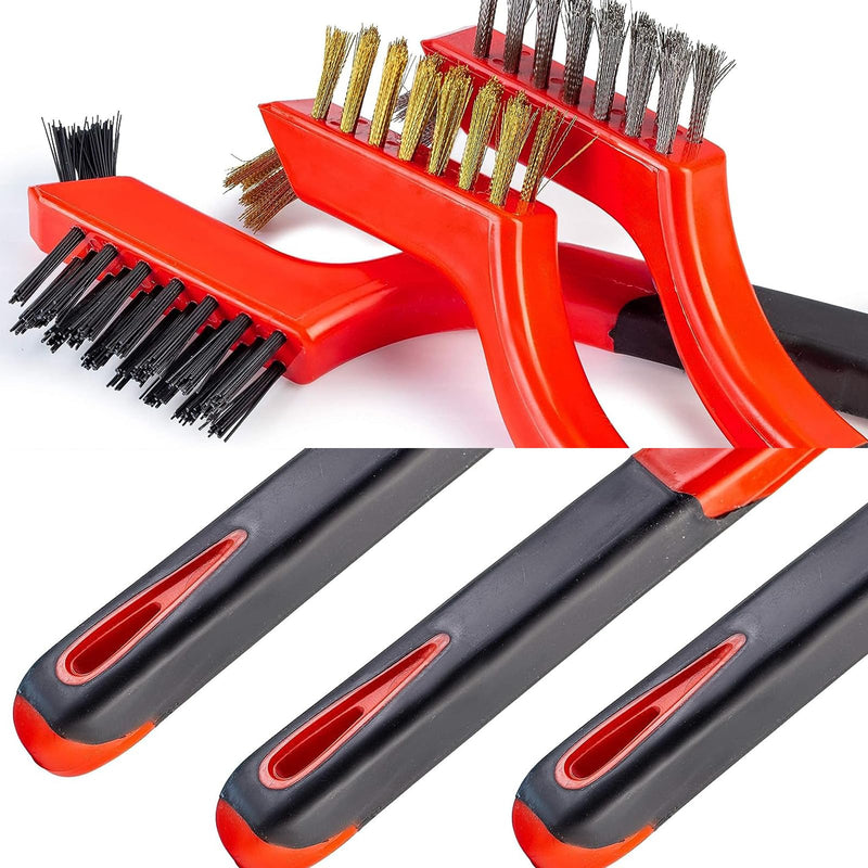 [Australia - AusPower] - Wire Brush 3Pcs Metal Scrubber - Nylon/Brass/Stainless Steel Bristles with Curved Handle Grip for Cleaning Rust Removal, Dirt, Paint Scrubbing with Deep Cleaning – 7 Inches 3 Pcs Red 