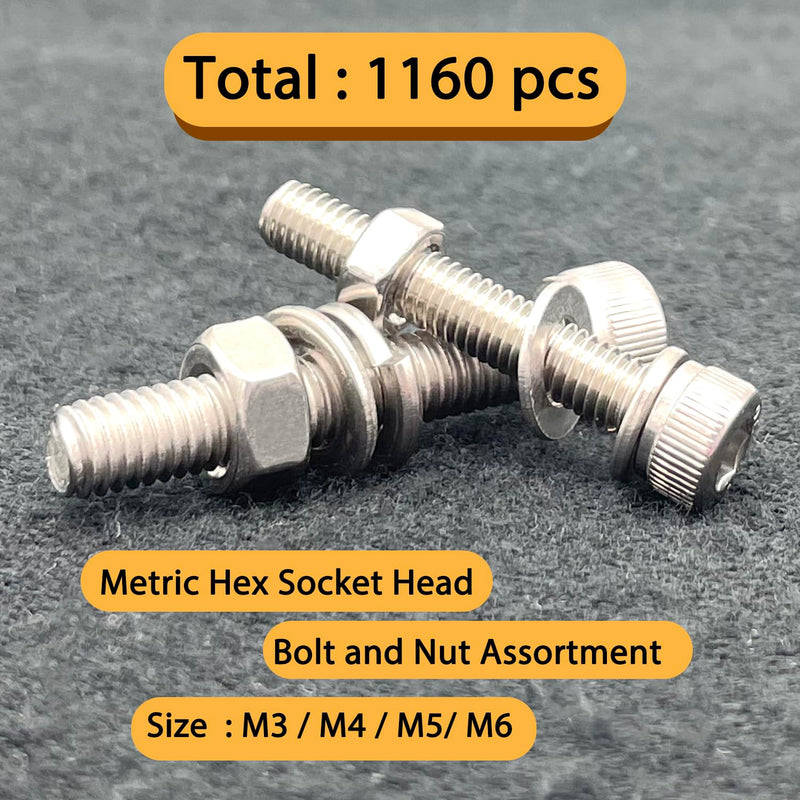 1160Pcs M3/M4/M5/M6 Hex Socket Bolt Kit,304 SS Metric Screws Assortment
