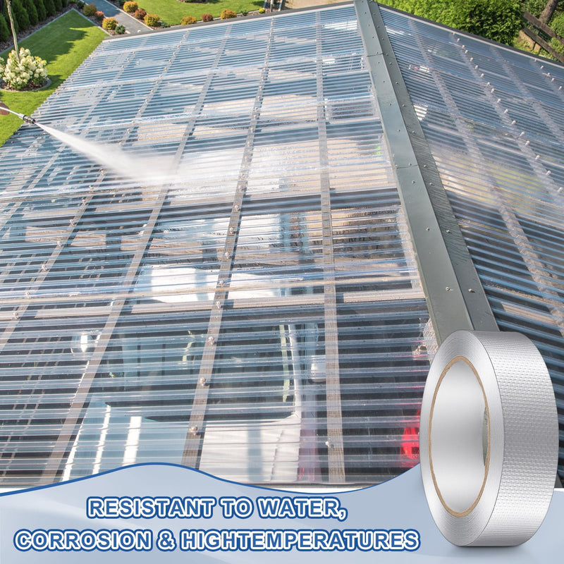 Fuyoooo 2 Roll 1.18in x 131 ft in Total Aluminum Polycarbonate Tape, Heavy Duty Waterproof Sealing Insulation Greenhouse Tape, Self Adhesive UV Heat Resistant for Greenhouse Roofing Outdoor Repairs