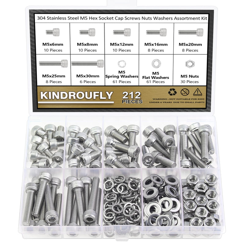 [Australia - AusPower] - 212 Pieces M5 x 6/8 /12/16 /20/25 /30mm Hex Socket Head Cap Screws Nuts Washers Assortment Kit, 304 Stainless Steel, Fully Machine Thread 