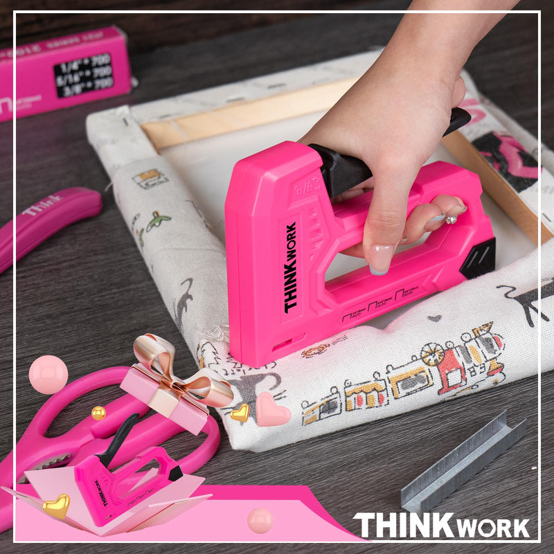 [Australia - AusPower] - THINKWORK Light Duty Staple Gun, Pink Upholstery Staple Gun for Wood with 2100pcs JT21 Staples 1/4", 5/16", 3/8" and Staple Remover, Women Fabric Stapler Gun for Crafts, Wall, Arts, DIY, Decoration 