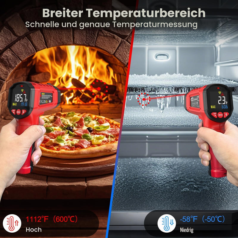 Infrared Thermometer, SQECH Temperature Meter -50℃~600℃(-58℉~1112℉) | With adjustable emissivity and colored backlight, for cooking, pizza oven, refrigerator, industrial (red) Red (-50°C ~ 600°C)