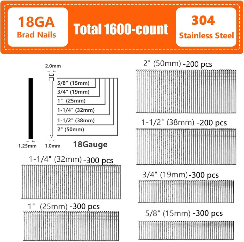 [Australia - AusPower] - 18 Gauge 304 Stainless Steel Brad Nails 6 Sizes 1600-Pack (5/8"+3/4"+1"+1-1/4"+1-1/2"+2"), Assorted Size Project Pack, for Pneumatic, Electric 18GA Brad Nailer Gun (304 Stainless Steel-1600) 