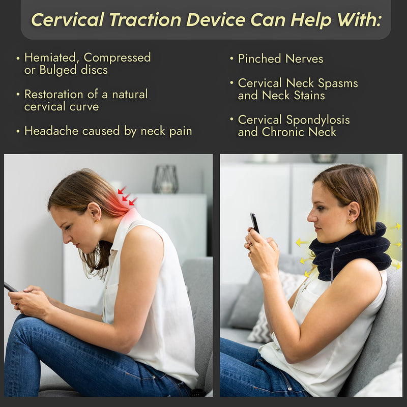 [Australia - AusPower] - Cervical Neck Traction Device & Posture Corrector for Women and Men, FSA HSA Eligible Inflatable Neck Stretcher Brace for Decompression, Adjustable Upper Back Brace & Elastic Support (Carbon Black) Carbon Black 