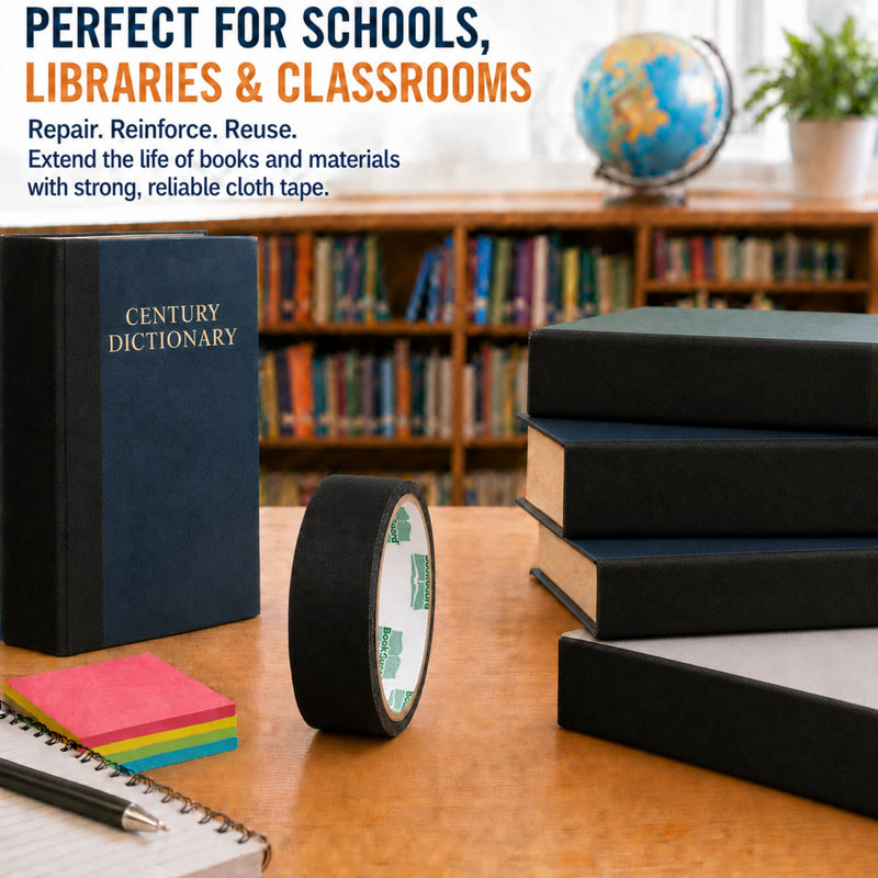 BookGuard 1 Inch Black Book Binding Tape, Cloth Book Repair Tape for Spines, Hinges, Covers, Bibles, Hymnals, Libraries and Schools, 5 Yard Roll 1" Wide, 5 Yards