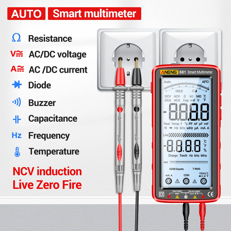 [Australia - AusPower] - ANENG Digital Multimeter Tester Auto-Ranging TRMS 6000 Counts Voltmeter Smart Rechargeable Meter Measures AC/DC Current,NCV,Voltage,Ohm,Amp,Resistance,Diodes,Countinuity,Capacitance,Temperature 681 Backlit Screen 