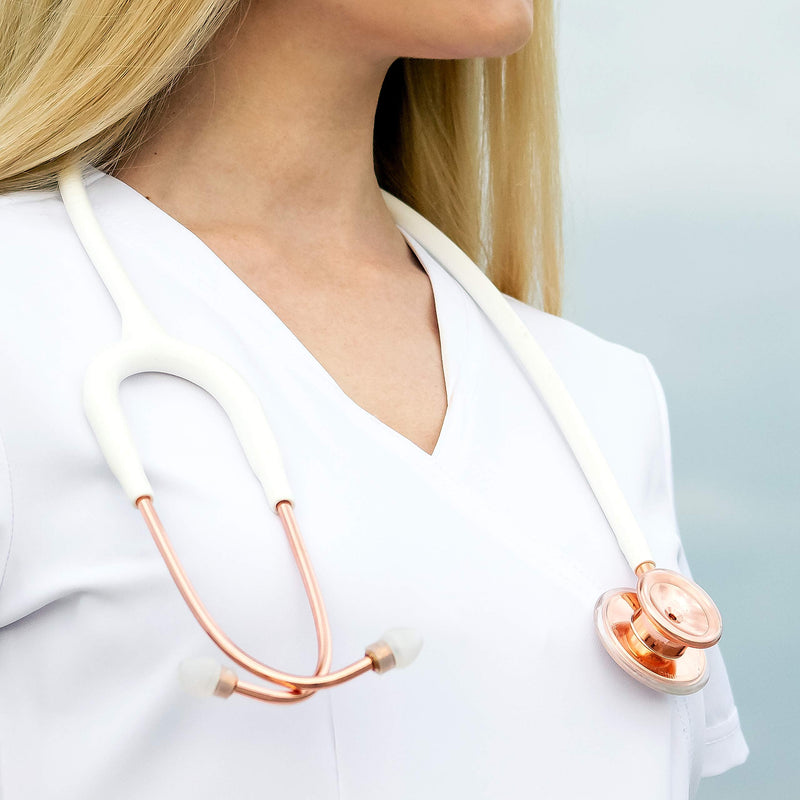 MDF Instruments, Rosegold MD One Stainless Steel Stethoscope, Adult, White Tube, Rosegold Chestpieces-Headset, MDF777RG29 Stainless Steel Rose Gold - White