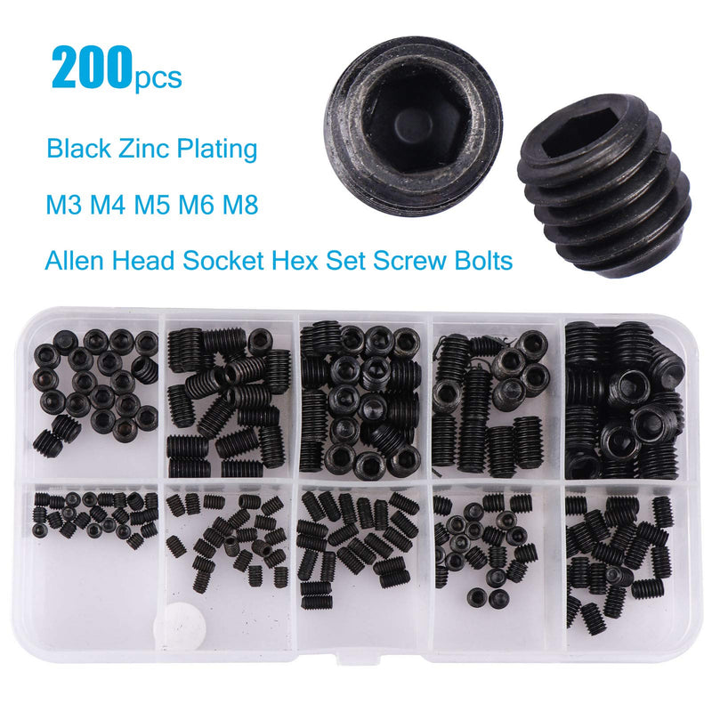 [Australia - AusPower] - 200Pcs Allen Head Socket Set Screws Internal Hex Drive Cup Point Grub Screw Assortment Kit Metric M3/M4/M5/M6/M8 Black 