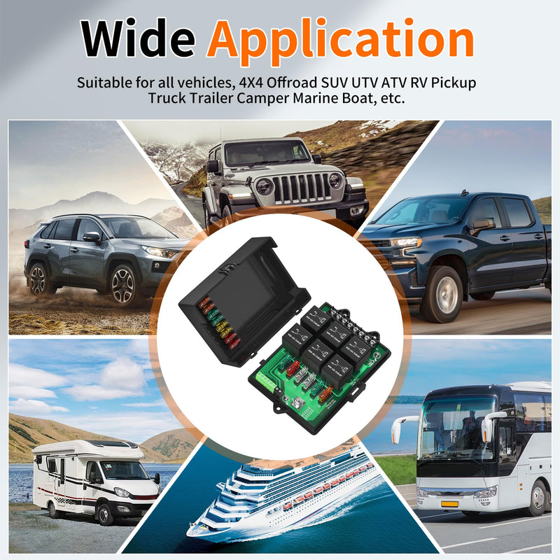 [Australia - AusPower] - Joinfworld Relay Box Fuse Relay Box 12V Automotive Universal Fuse Panel with 6 Way Relays and 14 x ATC/ATO Blade Fuses 12 Volt Fuse Box Waterproof with Led Light and Relay Module Relay Box with Led 