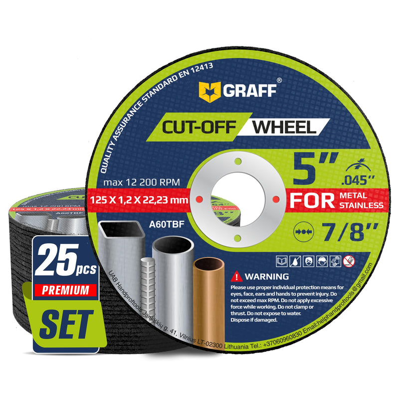 [Australia - AusPower] - Cut Off Wheels 5 Inch Thin Metal & Stainless Steel Cutting Wheel – Professional 5” x .045” x 7/8" Fast Cutting Disc for Angle Grinder GRAFF (25 Pack) Ø Cut-off 5” x .045” x 7/8" 