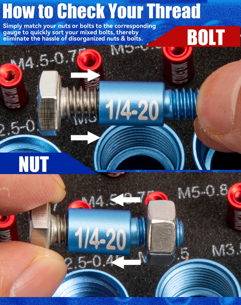 66 Nut and Bolt Thread Checker with Storage Box, Thread Checker Measuring Tool(32 Metric & 34 Standard), Bolt Size and Thread Gauge Finder Suitable for inspecting in Narrow and Tricky Areas