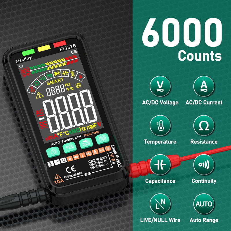 Multimeter 6000 Counts TRMS Digital Multimeter,Rechargeable Electrical Tester with Auto Ranging Digital Voltmeter,Measures Voltage Current Resistance Continuity Capacitance Temperature Frequency
