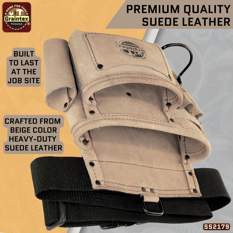 Graintex 5 Pocket Suede Leather Tool Belt/Bag, Multipurpose Leather Tool Belt for Women and Men, Ideal for Construction, Electrician, Handymen, Carpenter, Gardening Pouch & DIY Projects