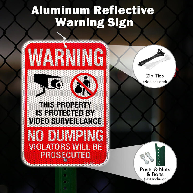 T&R (2 pack) No Dumping, Property Protected By Video Surveillance Sign, 18"x12" Engineer Grade Reflective Sheeting, Rust Free Aluminum, Weather Resistant, Fade Resistant, 2 Pre-drilled Holes Red - 2 Pack
