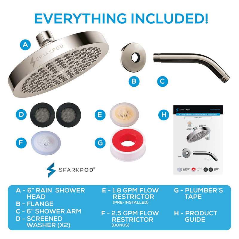 SparkPod 6" Rain Shower Head With 6" Shower Arm - High Pressure Rainfall Experience - No Hassle Tool-less 1-Min Installation - Enjoy Energy Saving Longer Hot Showers - Gain Space & Style - Durability Shower Head + 6 Inch Shower Arm