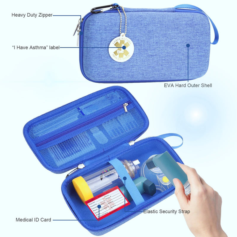 [Australia - AusPower] - YouKnow Travel Carrying Case for Asthma Inhaler, Inhaler Spacer for Adults and Children, Mask, Inhaler Holder with Asthma Warning Label and Medical Card, with Carabiner (Case Only) (Blue) Blue 