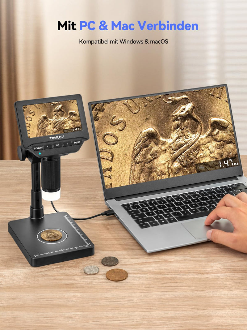 Tomlov DM4W 4.3 Inch IPS Coin Microscope with Scales, 0.1 g Accuracy | Measurement in g/oz/ct, Jewelry & Metal Testing, Integrated LEDs, USB Live Image, Photos/Videos, Wireless Design, PC Compatible, Black