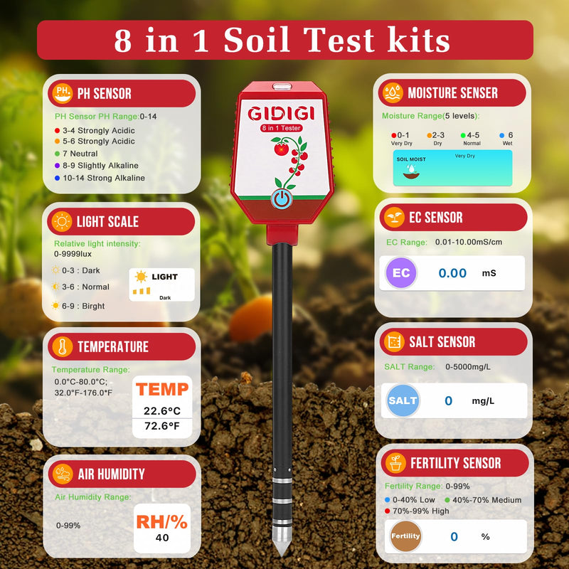 [Australia - AusPower] - Soil pH Meter Smart Soil Moisture Meter with App Control Digital Soil Test Kit for Plants pH Sunlight Intensity Fertility pH EC Salt Soil Thermometer Humidity Moisture Meter for Garden Lawn Farming 8in1 Moisture Tester 