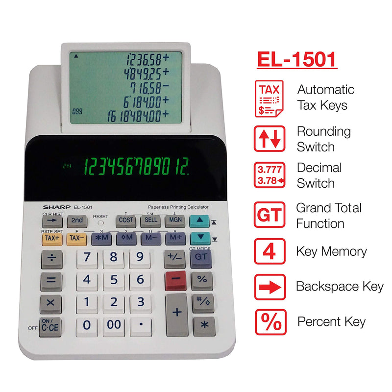 [Australia - AusPower] - Sharp El-1501 Compact Cordless Paperless Large 12-Digit Display Desktop Printing Calculator That Utilizes Printing Calculator Logic 