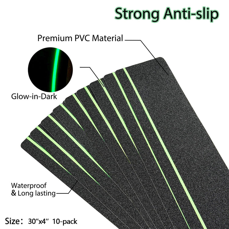 COSIMIXO 30" X 4"(10-Pack) Anti Slip Traction Treads with Glow in The Dark Stripe,Best Grip Tape Non Skid, Outdoor Anti-Skid Tape, High Traction Friction Abrasive Adhesive for Stairs Step 30''×4'' -10-pack