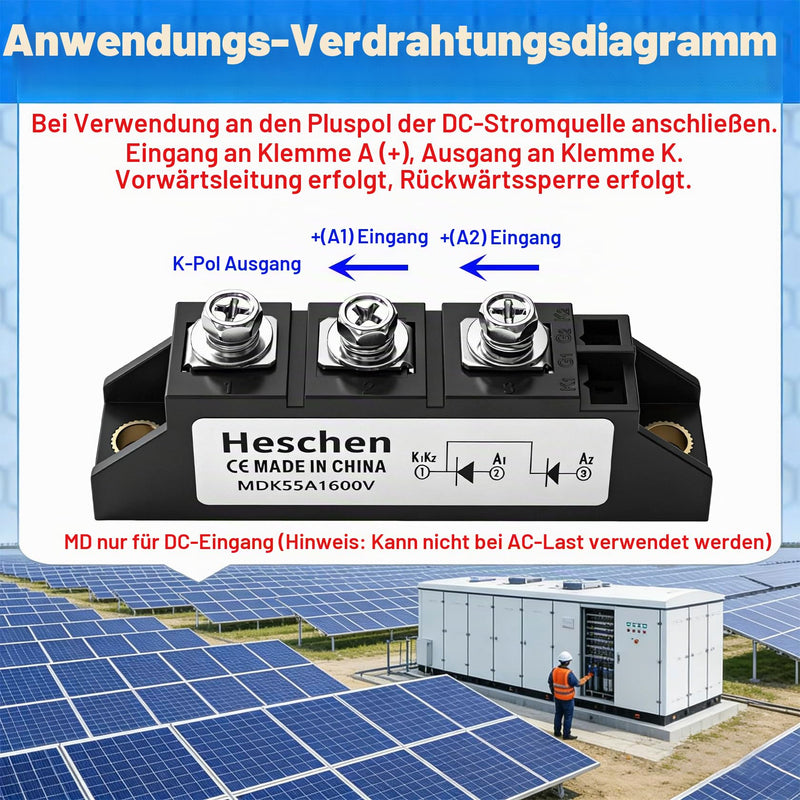 Heschen Photovoltaic Antireverse Rectifier, MDK-55, 55A 1600V, Full Wave Diode Module, Bridge Diode Rectifier Module