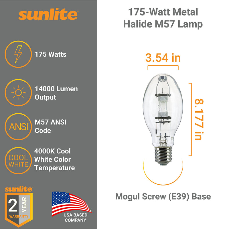 [Australia - AusPower] - Sunlite 03656 MH175/U/MOG M57 Metal Halide Lamp, 175 Watts, Mogul Base (E39), ED28, 10,000 Hour Life Span, 14000 Lumen, Clear Finish, 4000K 1 Pack 