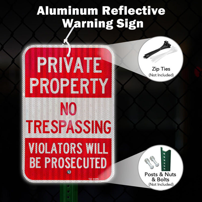T&R (2 Pack) Large Private Property No Trespassing Sign, 18" x 12" Engineer Grade Reflective Sheeting, Rust Free Aluminum, Weather Resistant, Waterproof, Fade Resistant, 2 Pre-drilled Holes RED - 18" x 12" - 2 Pack