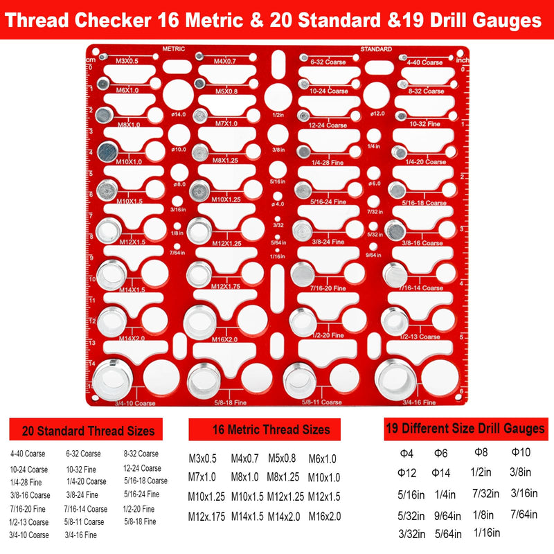 [Australia - AusPower] - 36 Nut and Bolt Thread Checker, Bolt Size Finder with 19 Drill Gauges, 16 Metric and 20 Standard Sizes, Wall-Mountable Bolt Size and Thread Gauge for Quick Identification 16 Metric & 20 Standard Thread & 19 Drill Gauges 