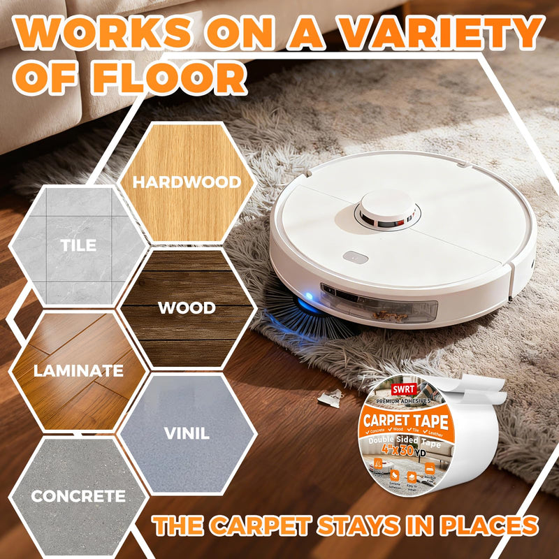 SWRT Carpet Tape Double Sided, 4 in x 30 Yards – Carpet Adhesive for Hardwood Floors, Heavy Duty Anti Slip Rug Grip Tape, Works as Rug Grippers, Residue Free, Wood Safe, Easy Removal for Tile