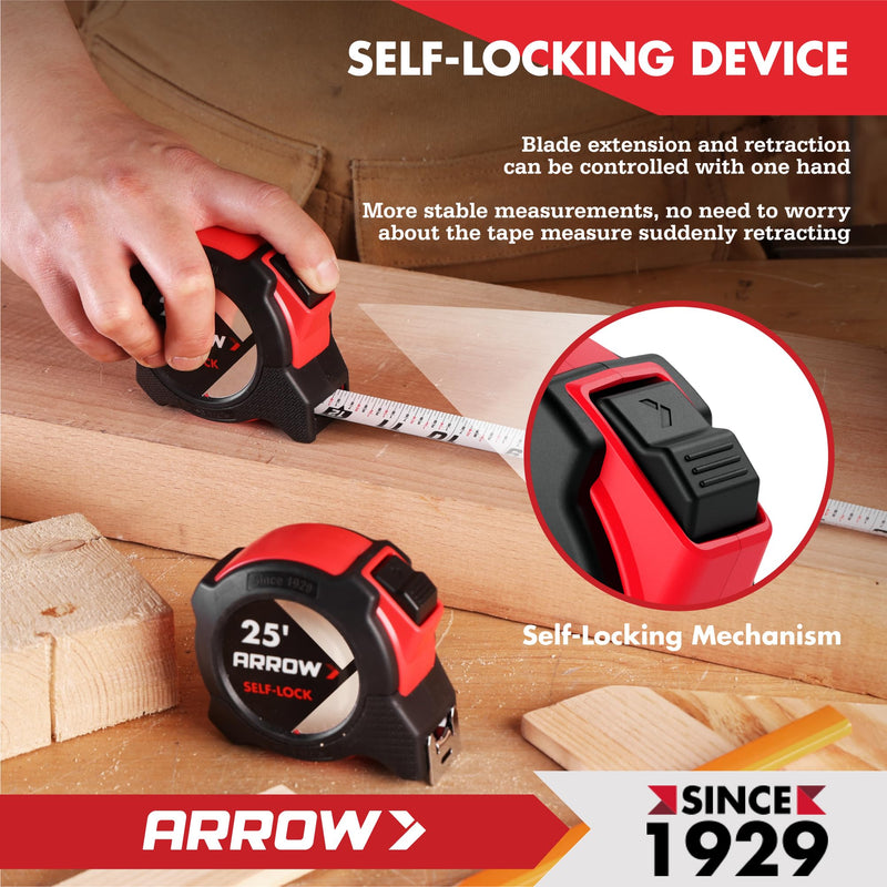 Arrow 25FT Auto-Lock Tape Measure, 2PCS Easy Read Measuring Tape with Fractions 1/8″, Double Sided Measurement Tape with 1″ Blade, Belt Clip, Dual-End Metal Hook, and Rubber Protective Casing 2
