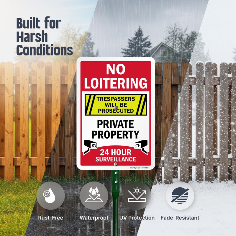 SmartSign “No Loitering - Private Property, 24 Hour Surveillance, Trespassers Will Be Prosecuted” Sign for Lawn | 21” Tall Stake & Sign Kit 21" Tall Sign Kit