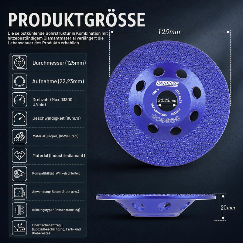 125 mm Diamond Grinding Wheel, Diamond Grinding Wheel for Concrete, Stone, Paint, Facade Paint, Diamond Disc with a Ring of Diamond Grains