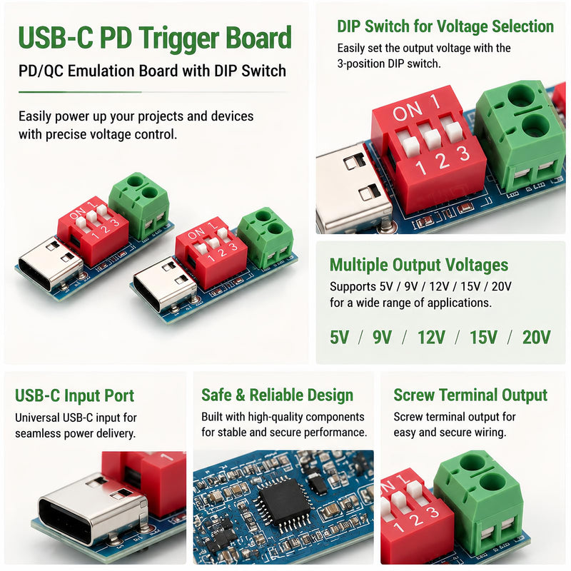 Pack of 5 USB C PD Trigger Board Module, Adjustable USB C 5V Module, PD/QC Decoy Board with DIP Switch, PCB Converter Board USB C, Quick Charge Module USB C, PD Quick Charge Test Board