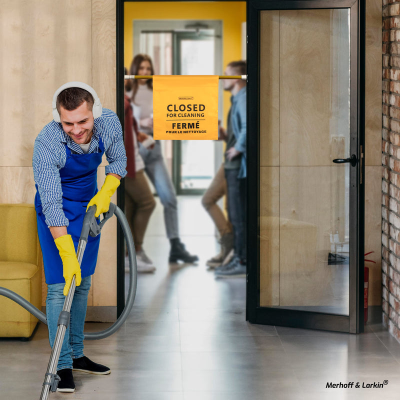 Closed For Cleaning Sign | English, Spanish & French | 28-53 Inch Expandable | For Janitors, Restrooms, & Bathrooms | Closed Restroom Cleaning Signs | Yellow Commercial Hanging Doorway Safety Banner