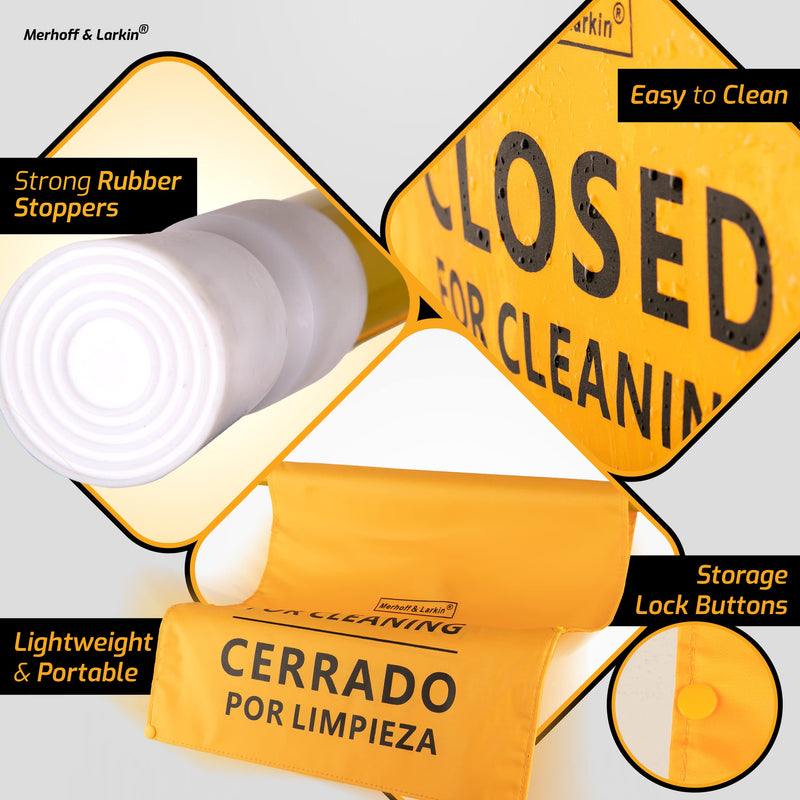 Closed For Cleaning Sign | English, Spanish & French | 28-53 Inch Expandable | For Janitors, Restrooms, & Bathrooms | Closed Restroom Cleaning Signs | Yellow Commercial Hanging Doorway Safety Banner