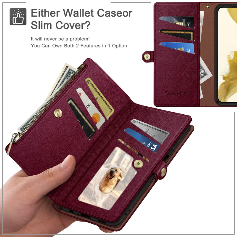 [Australia - AusPower] - XcaseBar for Samsung Galaxy S24 Ultra Wallet case with Zipper Credit Card Holder RFID Blocking,Flip Folio Book PU Leather Shockproof Protective Cover Women Men Samsung S24Ultra Phone case Wine Red 