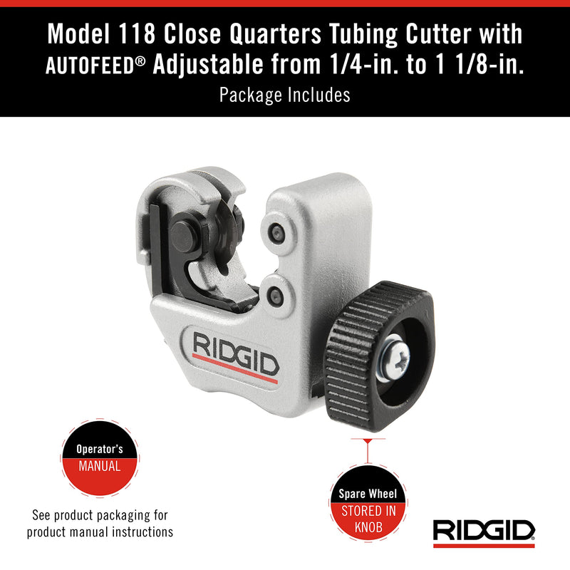 [Australia - AusPower] - RIDGID 86127 Model 118 Close Quarters AUTOFEED 1/4" to 1-1/8" Copper, Aluminum, Brass, and Plastic Tubing Cutter 