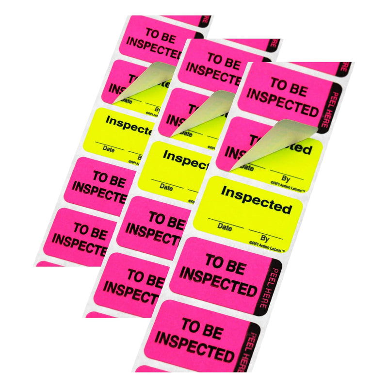 ChromaLabel 1 x 1.50 Inch Fluorescent Pink and Yellow Double Layer Quality Control Label, Imprinted: to Be Inspected, Inspected, 250 per Dispenser Box (Pack of 3) 1" x 1-1/2" (Pack of 3)