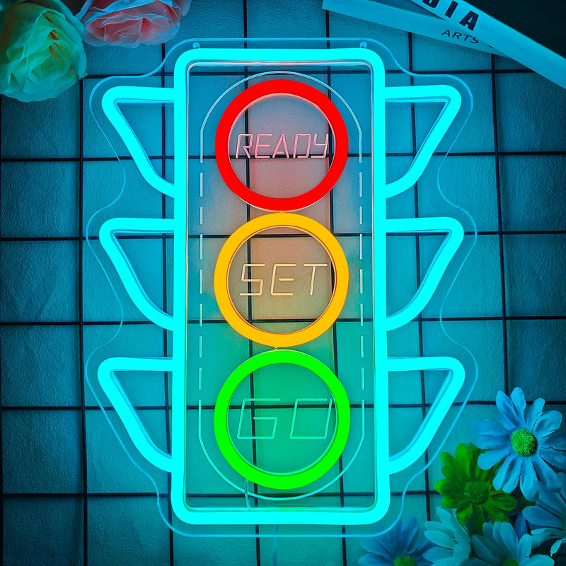 Traffic Light Neon Sign Dimmable Stop Light Neon Wall Decor Race Car Party Decorations Red Yellow Green Stoplight Led Racing Wall Art for Garage 12.5 * 9.7 Inch TrafficSignals