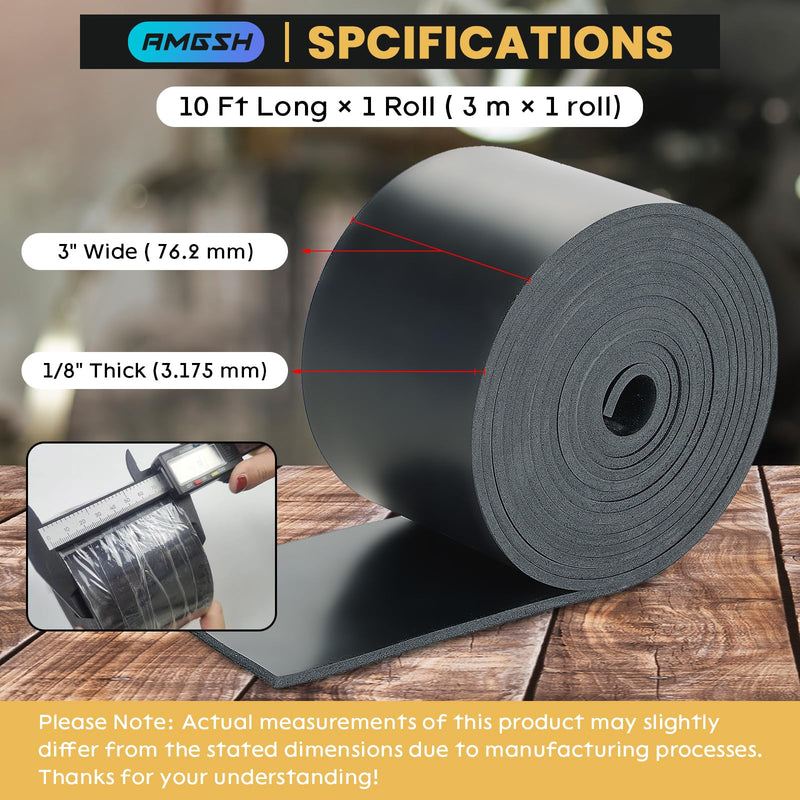 Neoprene Rubber Strip, 3" Wide * 1/8" Thick × 10 Ft Long Solid Rubber Roll for DIY Gasket, Seal Solution, Crafting, Flooring, Protection, Anti-Vibration, Anti-Slip 3“ × 1/8” × 10‘