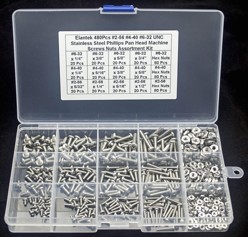[Australia - AusPower] - 480Pcs #2-56#4-40#6-32 UNC Stainless Steel Phillips Pan Head Machine Screws Nuts Assortment Kit #2-56，#4-40，#6-32 
