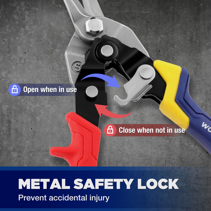 [Australia - AusPower] - WORKPRO 8 Inch Aviation Snips, Straight Cut, Heavy Duty Metal Cutter with Safety Latch and Non-slip Handle, Cr-V Steel Sharp Teeth, Aviation Snips for Cutting Metal Sheet 