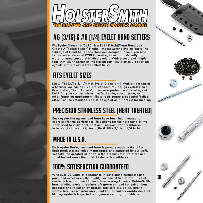 Eyelet Hand Setter & Eyelet Combo Kit - Includes (1)(#8 Hand Setter) + (100)(#8-9 Black Eyelets) - for DIY Kydex & Leather Holster Making, Upholstery, and Apparel Binding Eyelet Hand Setter (#8) + (100) #8-9 Black Eyelets