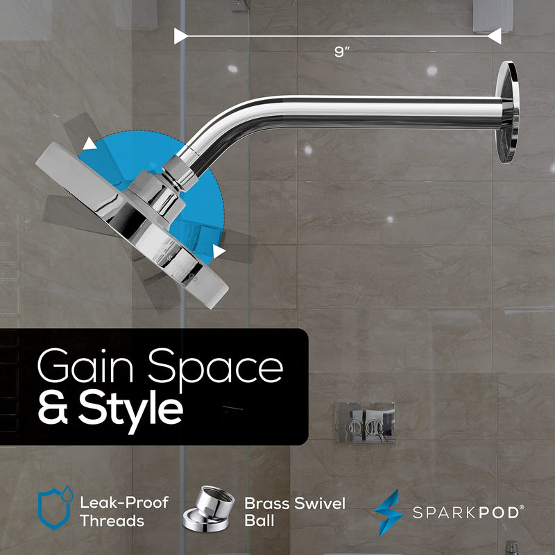 SparkPod 6" High Pressure Rain Shower Head with 9" Shower Arm - High Pressure Rain - Luxury Modern Look - Rainfall Experience - No Hassle Tool-less 1-Min Installation (Luxury Polished Chrome) Shower Head + 9 Inch Shower Arm
