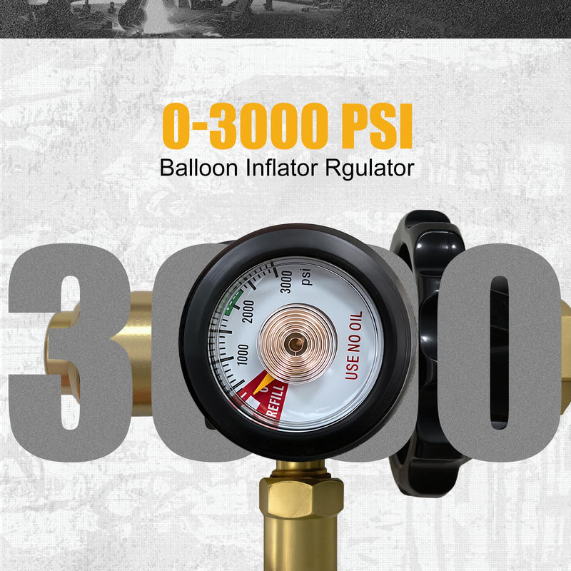Helium Tank Regulator 0-3000 PSI Gauge and CGA580 Tank Valve for Balloons with Foil Balloon Inflator Adapter