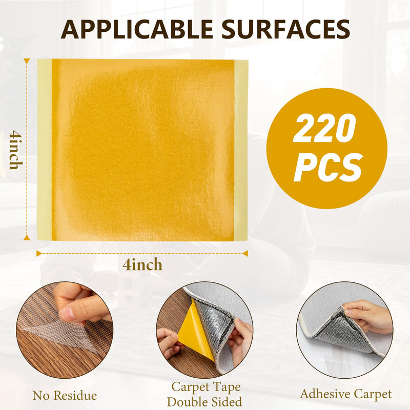 Carpet Tile Tape Double Sided 4" x 4", 220 Pcs, Heavy Duty Anti Slip Rug Grip Tape, No Residue Adhesive Connectors for Hardwood Floors, Area Rugs, Stair Treads Yellow
