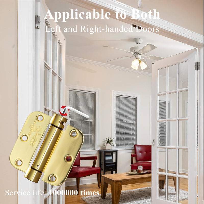 [Australia - AusPower] - Sophia Self-Closing Door Hinge 3.5 Inch Rounded 5/8 Radius Interior, Spring Loaded Hinge Adjustable Tension for Garage Residential Standard Bedroom Indoor Doors, 2 Pack, Polished Brass 