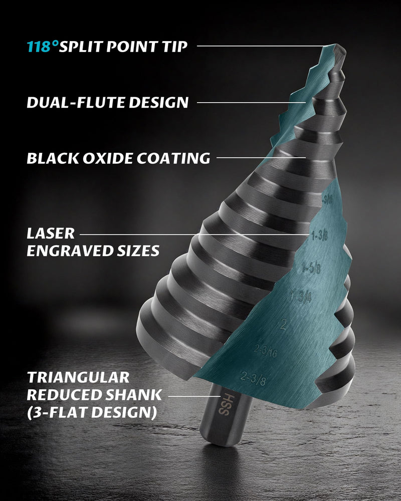 Lichamp Jumbo 2-3/8" Unibit Step Drill Bit for Metal, Extra Large Drill Stepper Bit for Hard Metal Heavy Duty, 12 Sizes from 1/4" to 2-3/8", Spiral Grooved, C5BK 12 Sizes,1/4" to 2-3/8"