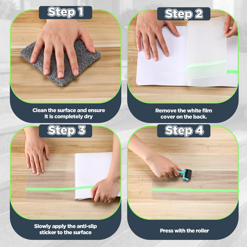 Breling 10 Pcs 8"x30" Non Slip Stair Treads with Glow in The Dark Strips Clear Anti Slip Tape Non Slips Stair Tape with Application Roller Waterproof Self Adhesive Strips for Indoor, Outdoor Steps
